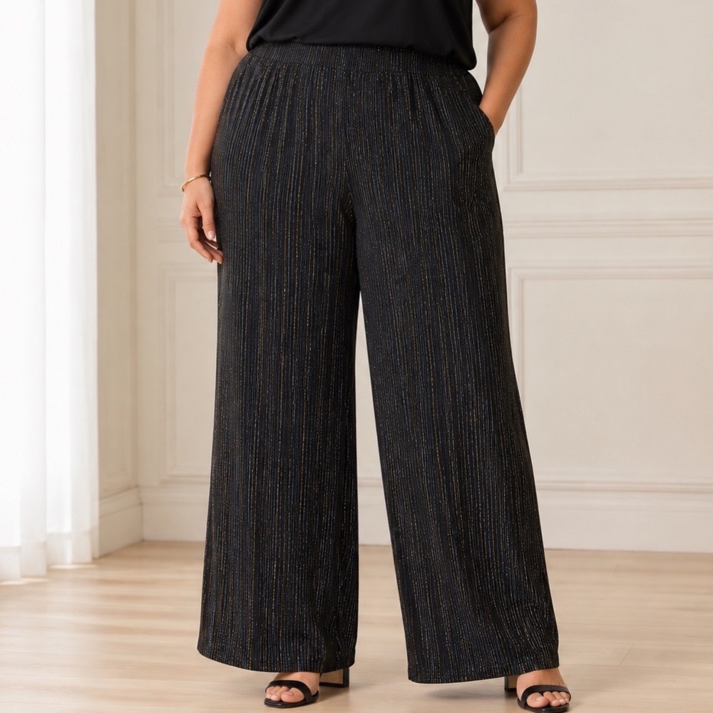 Torrid Wide Leg Pants Womens 5 Tall Black Gold Glitter Stripe High Rise Pleated